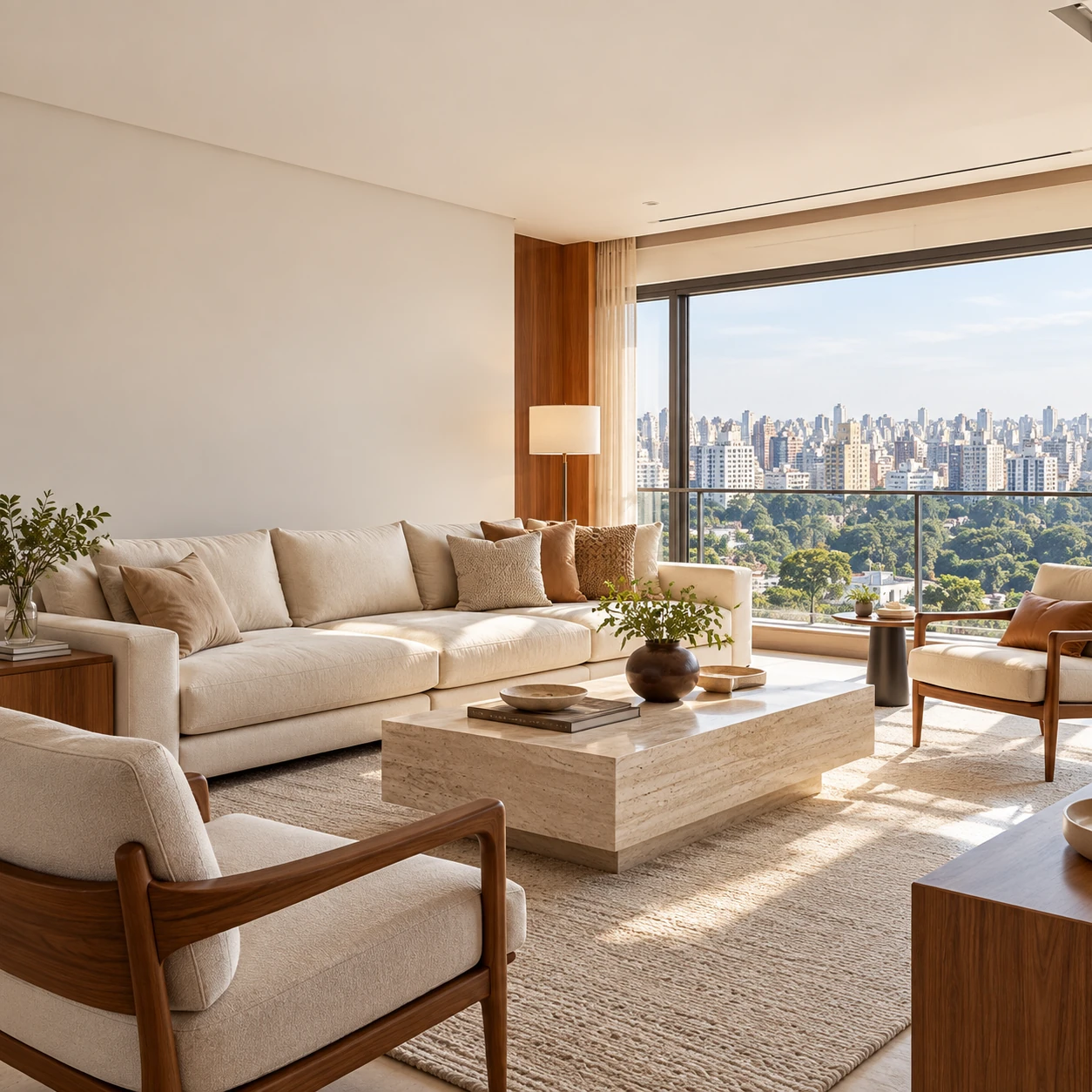 Composição de um living sofisticado inspirado em apartamentos da Vila Nova Conceição, com vista urbana de São Paulo