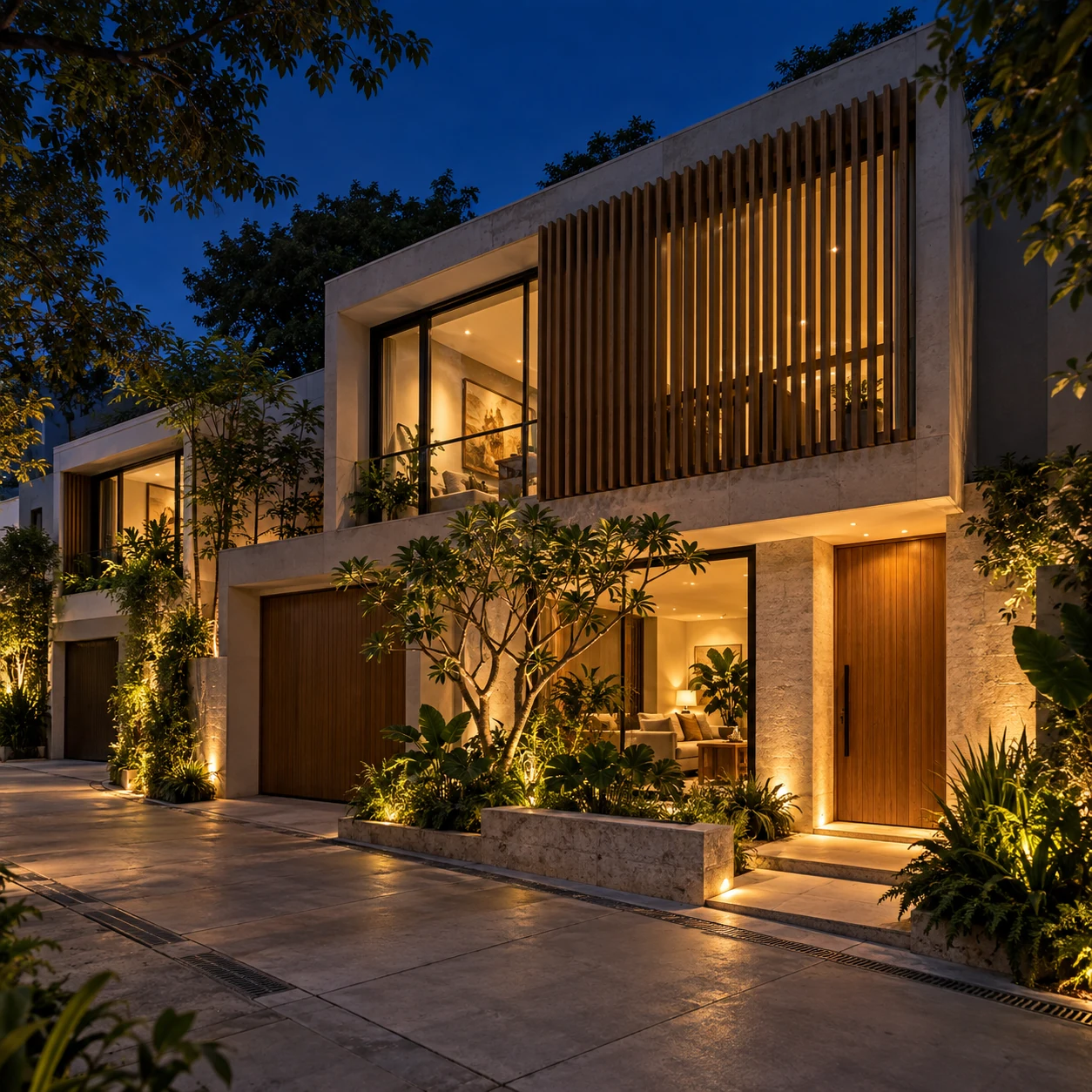 Composição noturna de uma casa de vila de alto padrão, com fachada contemporânea em pedra e madeira, jardim iluminado e entrada privativa