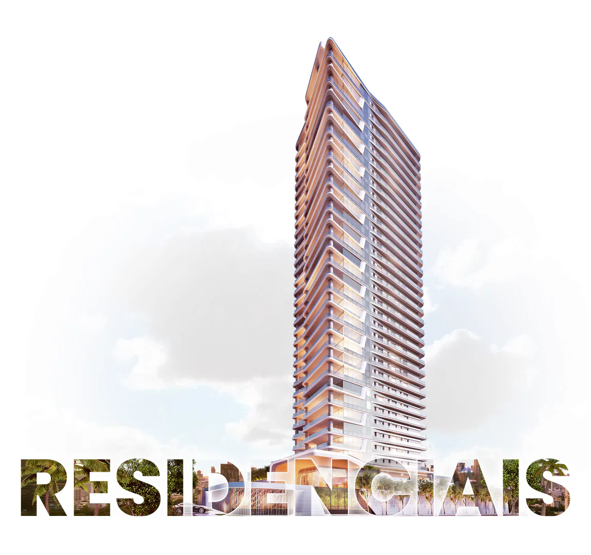 Edifício residencial de alto padrão sobre a palavra Residenciais
